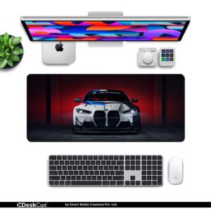 BMW M4 GT3 Front Attack desk mat — white, red and carbon black design, available in M, L, XL and XXL sizes.