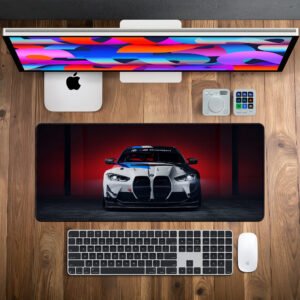 BMW M4 GT3 Front Attack desk mat — white, red and carbon black design, available in M, L, XL and XXL sizes.