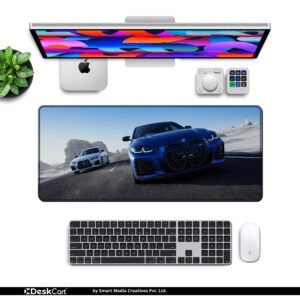 BMW i4 M50 Dual Drive desk mat — electric blue and snow white design, available in M, L, XL and XXL sizes.