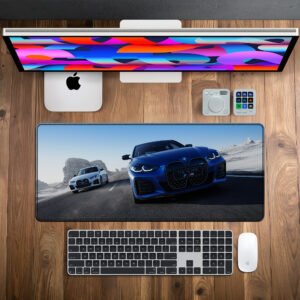 BMW i4 M50 Dual Drive desk mat — electric blue and snow white design, available in M, L, XL and XXL sizes.