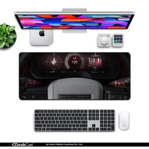 Defender Digital Cockpit desk mat — black, silver and instrument amber design, available in M, L, XL and XXL sizes.