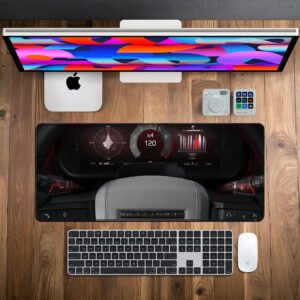 Defender Digital Cockpit desk mat — black, silver and instrument amber design, available in M, L, XL and XXL sizes.