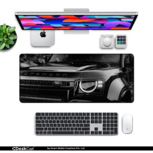 Defender Shadow Front desk mat — monochrome black and silver design, available in M, L, XL and XXL sizes.