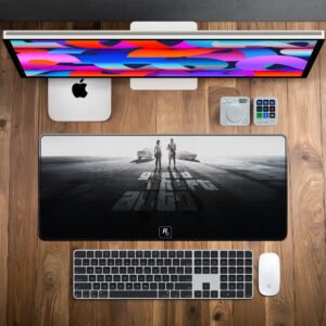 Grand Theft Auto VI Poster desk mat — sunset pink, teal and gold design, available in M, L, XL and XXL sizes.