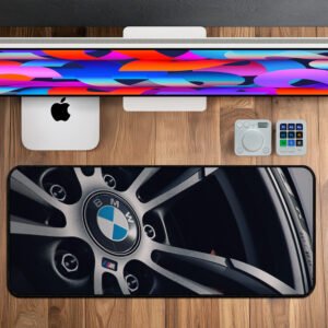 BMW Alloy Wheel Desk Mat featuring detailed HD wheel design – premium extended workspace mouse pad for professionals and gamers.