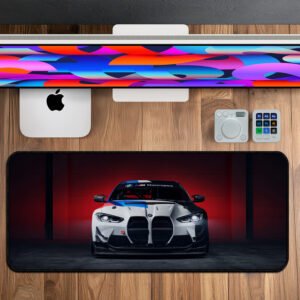 BMW M Sport desk mat with red studio background and M car front view.