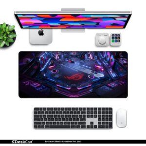 ASUS ROG Cyber Core desk mat — black, magenta and neon blue design, available in M, L, XL and XXL sizes.