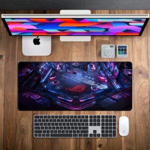 ASUS ROG Cyber Core desk mat — black, magenta and neon blue design, available in M, L, XL and XXL sizes.