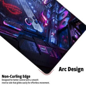 ASUS ROG Cyber Core desk mat — black, magenta and neon blue design, available in M, L, XL and XXL sizes.