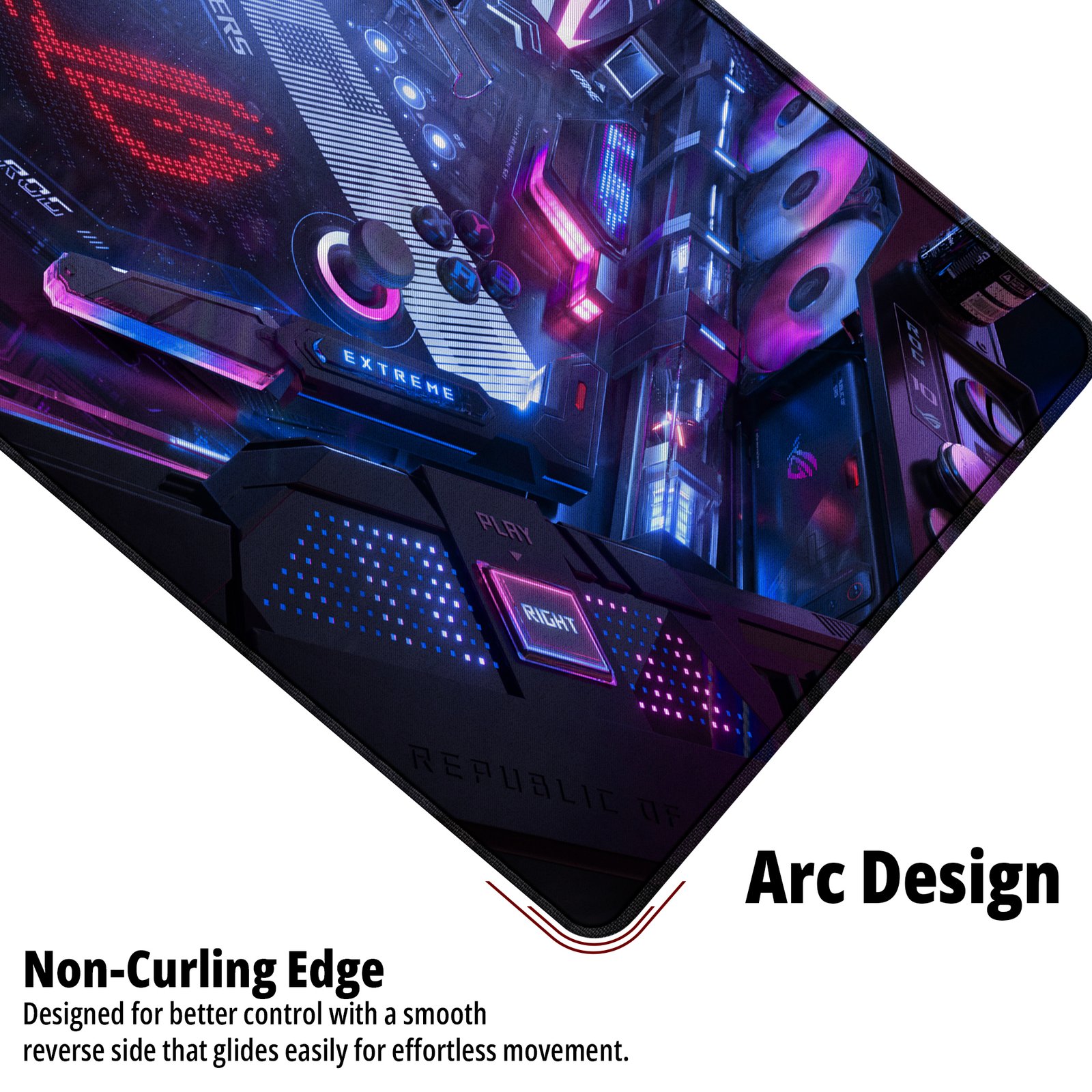 ASUS ROG Cyber Core desk mat — black, magenta and neon blue design, available in M, L, XL and XXL sizes. ASUS ROG Cyber Core desk mat — black, magenta and neon blue design, available in M, L, XL and XXL sizes.