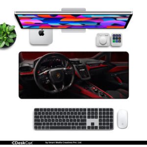 Lamborghini Revuelto Cockpit desk mat — black, red and carbon design, available in M, L, XL and XXL sizes.