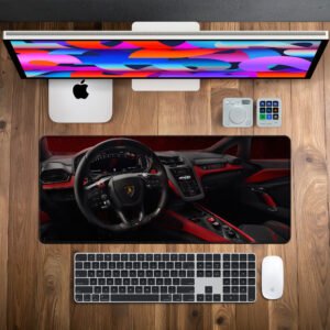 Lamborghini Revuelto Cockpit desk mat — black, red and carbon design, available in M, L, XL and XXL sizes.