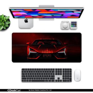 Lamborghini Revuelto Inferno desk mat — black, crimson and ember orange design, available in M, L, XL and XXL sizes.
