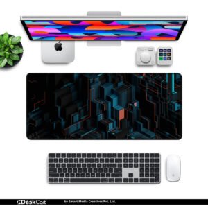 Midnight Circuit Grid desk mat — charcoal, teal and orange design, available in M, L, XL and XXL sizes.