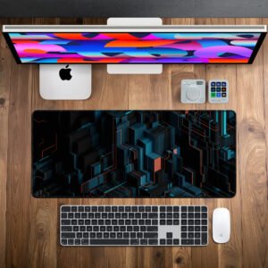 Midnight Circuit Grid desk mat — charcoal, teal and orange design, available in M, L, XL and XXL sizes.