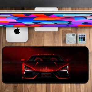 Lamborghini Inferno Red desk mat featuring supercar front view design – premium extended workspace mouse pad (800×330×3 mm) for automotive enthusiasts.