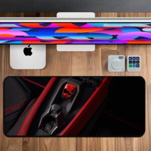 Lamborghini Red Ignition desk mat featuring supercar interior start switch design – premium large mouse pad (800×330×3 mm) for automotive enthusiasts and gamers.