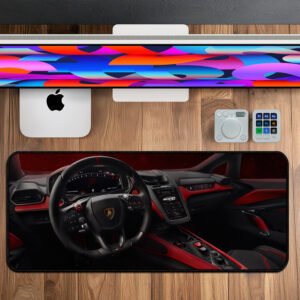 Lamborghini Drive Mode desk mat featuring red and black supercar cockpit design – premium extended workspace mouse pad (800×330×3 mm).