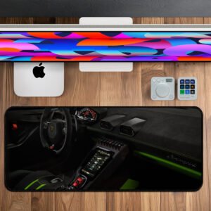 Lamborghini Verde Interior desk mat featuring luxury car cockpit design – extended workspace mouse pad (800×330×3 mm) for car lovers and gamers.