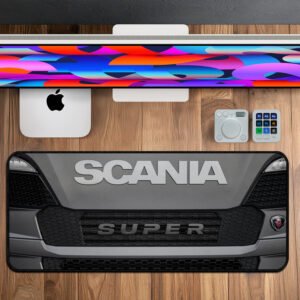 Scania Super desk mat featuring truck front grille design – premium large workspace pad (800×330×3 mm) for truck lovers and gamers.