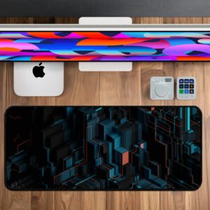 CyberGrid desk mat with futuristic 3D geometric design – premium extended mouse pad (800×330×3 mm) for gamers and professionals.