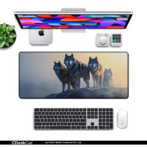 Arctic Wolf Pack desk mat — slate blue and grey design, available in M, L, XL and XXL sizes.