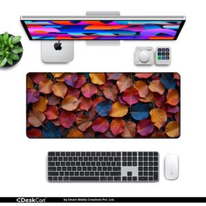 Autumn Harmony desk mat — amber, red and blue design, available in M, L, XL and XXL sizes.
