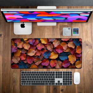 Autumn Harmony desk mat — amber, red and blue design, available in M, L, XL and XXL sizes.