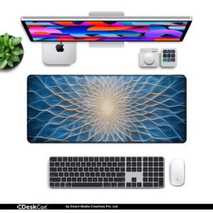 Azure Radiant Bloom desk mat — blue and gold design, available in M, L, XL and XXL sizes.