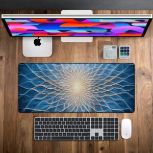 Azure Radiant Bloom desk mat — blue and gold design, available in M, L, XL and XXL sizes.