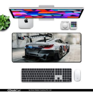 BMW M4 GT3 Rear Aero desk mat — white, blue and carbon design, available in M, L, XL and XXL sizes.
