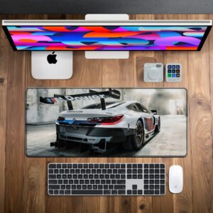 BMW M4 GT3 Rear Aero desk mat — white, blue and carbon design, available in M, L, XL and XXL sizes.