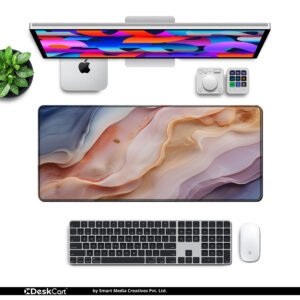 Blush Marble Veins desk mat — blush, blue and peach design, available in M, L, XL and XXL sizes.