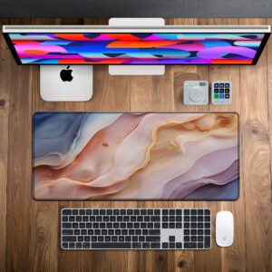 Blush Marble Veins desk mat — blush, blue and peach design, available in M, L, XL and XXL sizes.