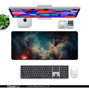 Celestial Nebula desk mat — teal, amber and deep space black design, available in M, L, XL and XXL sizes.