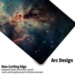 Celestial Nebula desk mat — teal, amber and deep space black design, available in M, L, XL and XXL sizes.