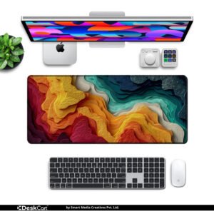 Chromatic Paper Strata desk mat — crimson, amber, teal and navy design, available in M, L, XL and XXL sizes.