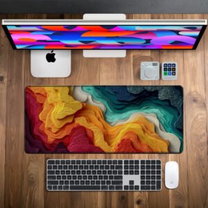 Chromatic Paper Strata desk mat — crimson, amber, teal and navy design, available in M, L, XL and XXL sizes.
