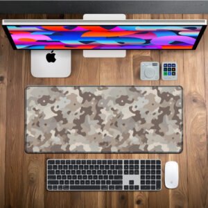 Desert Storm Camo desk mat — sand, stone and warm grey design, available in M, L, XL and XXL sizes.