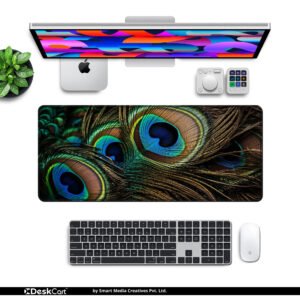 Emerald Peacock desk mat — emerald, teal and blue design, available in M, L, XL and XXL sizes.
