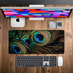 Emerald Peacock desk mat — emerald, teal and blue design, available in M, L, XL and XXL sizes.