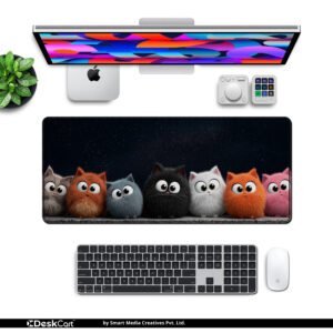 Fluffy Squad Night desk mat with kitten design in black, grey, orange, white and pink