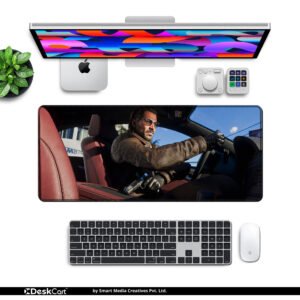 Highway Pursuit desk mat — warm cinematic amber design, available in M, L, XL and XXL sizes.