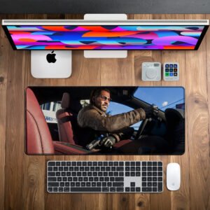Highway Pursuit desk mat — warm cinematic amber design, available in M, L, XL and XXL sizes.