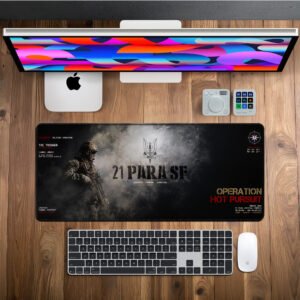 Hot Pursuit — Smoke & Steel desk mat — black, smoke grey and deep red design, available in M, L, XL and XXL sizes.