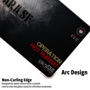 Hot Pursuit — Smoke & Steel desk mat — black, smoke grey and deep red design, available in M, L, XL and XXL sizes.