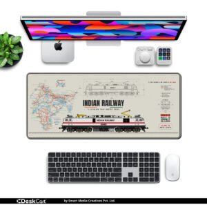 Indian Railway desk mat with railway network map, WAP-7 locomotive blueprint and train artwork, available in M, L, XL and XXL sizes.