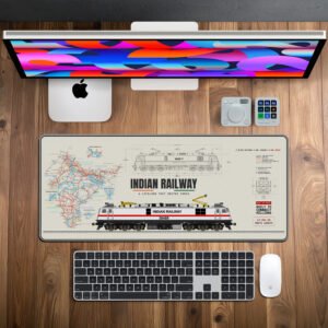 Indian Railway desk mat with railway network map, WAP-7 locomotive blueprint and train artwork, available in M, L, XL and XXL sizes.