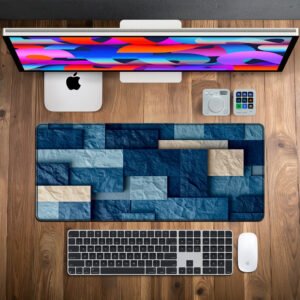Indigo Paper Blocks desk mat — navy, denim blue and cream design, available in M, L, XL and XXL sizes.