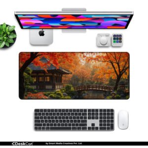 Kyoto Autumn Garden desk mat — amber, crimson and green design, available in M, L, XL and XXL sizes.